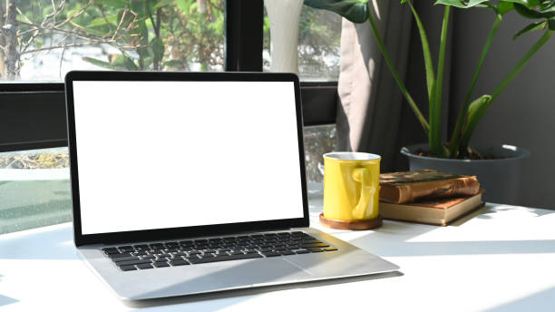 istock Computer laptop, coffee cup, book and flower pot on white table. Blank screen for graphic display montage. 1379912154