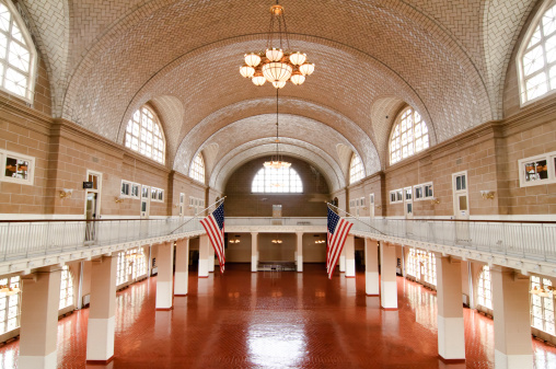 Grand hall in the Ellis Island Museum.  Historic building of immigration to the US.