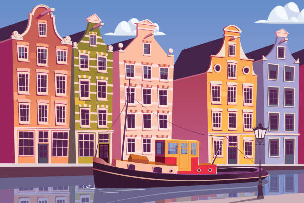 Tugboat in Amsterdam canal vintage cityscape vector illustration Tugboat in Amsterdam canal vintage cityscape vector illustration facade stock illustrations