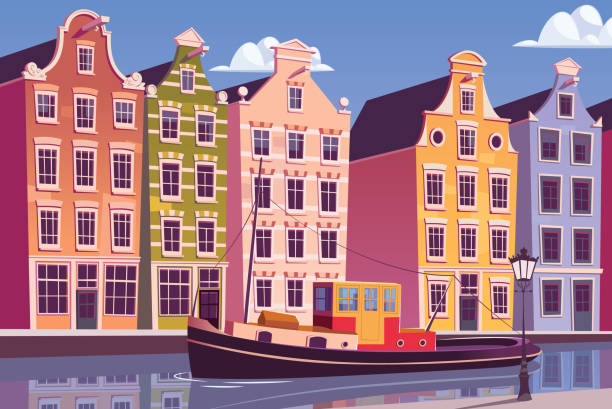tugboat in amsterdam canal vintage cityscape vector illustration - amsterdam 幅插畫檔、美工圖案、卡通及圖標