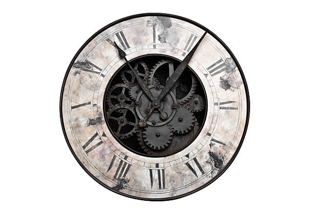 Old fashioned clock with visible center gears stock photo