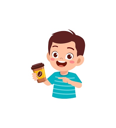 little boy drink hot coffee and feel happy