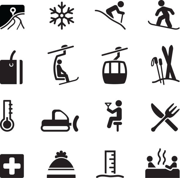 лыжный спорт иконки - подъёмник для лыжников stock illustrations