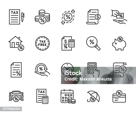 istock Vector set of tax line icons. Contains icons tax return, loan, interest rate, tax free, fee, tax saving and more. Pixel perfect. 1379968354