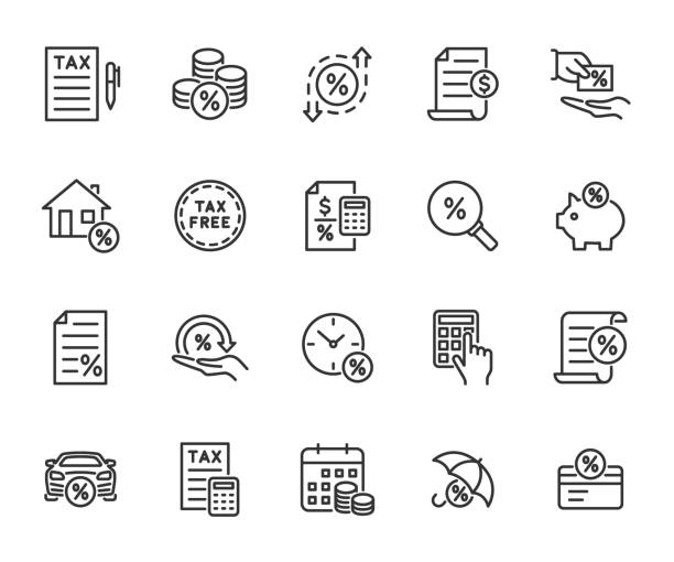 Vector set of tax line icons. Contains icons tax return, loan, interest rate, tax free, fee, tax saving and more. Pixel perfect. Vector set of tax line icons. Contains icons tax return, loan, interest rate, tax free, fee, tax saving and more. Pixel perfect. tax stock illustrations