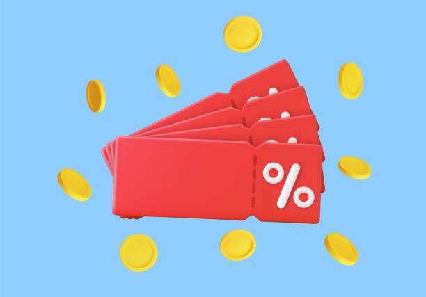 price tag with percentage sign. 3D render price tag with percentage sign with floating coins. Shopping Discount offer icon, symbol. Price tag, gift tag, For profitable purchases. Vector illustration coupon stock illustrations