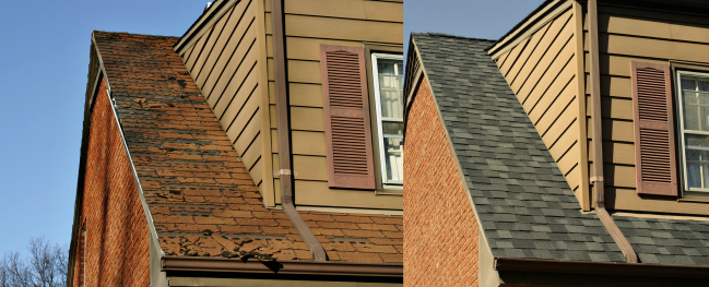 Side by side comparison of before and after roofing job