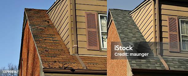 Przed I Po Obrazach Dachów Pracy - zdjęcia stockowe i więcej obrazów Dach - Dach, Przed i potem, Stary