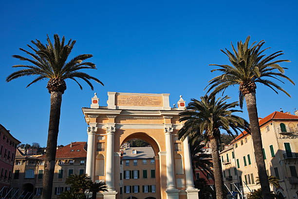 Finale Ligure (Liguria. Italy) Arch dedicated to Queen Margherita of Austria (1666) in Finale Ligure finale ligure stock pictures, royalty-free photos & images