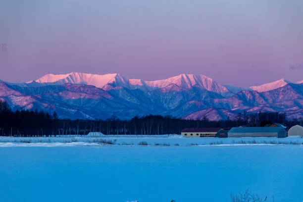 Winter scenery of Hidaka mountains in the early morning. There were red mountains there . hidaka mountains stock pictures, royalty-free photos & images