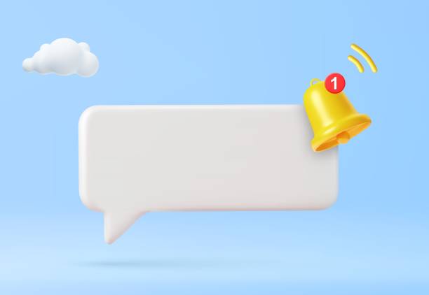 3d speech bubble with a bell 3d speech bubble withyellow ringing bell about the notification of a call and sms and for social media reminder. 3d rendering. Vector illustration reminder stock illustrations