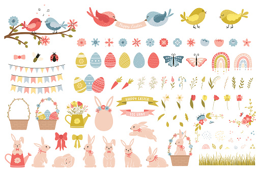 A set of cute decorative elements for Easter and spring. Flowers, birds, eggs, Easter bunnies, rainbows. Collection of cartoon decorative elements. Vector illustration isolated on a white background