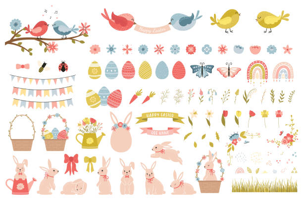 A set of cute decorative elements for Easter and spring. Flowers, birds, eggs, Easter bunnies, rainbows. Collection of cartoon decorative elements. Vector illustration isolated on a white background. A set of cute decorative elements for Easter and spring. Flowers, birds, eggs, Easter bunnies, rainbows. Collection of cartoon decorative elements. Vector illustration isolated on a white background spring clipart stock illustrations