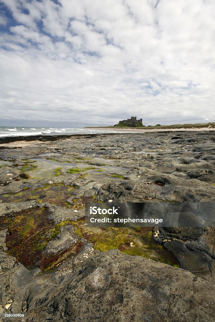 Bamburgh Castle shown in Portrait Bamburgh castle with rocks and empty rockpool in foreground shot in portrait Bamburgh Stock Photo