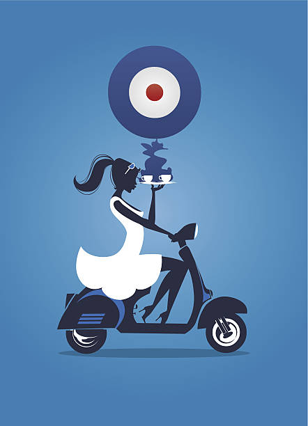 ilustraciones, imágenes clip art, dibujos animados e iconos de stock de vespa silueta de chica con mod símbolo - piaggio