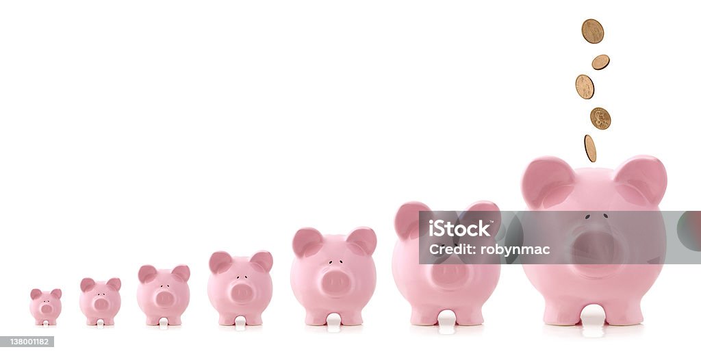 Investment Growth - Piggy Banks Pink piggy banks increasing in size, with coins falling into largest one.  Growing investment concept.  More business concepts: Piggy Bank Stock Photo