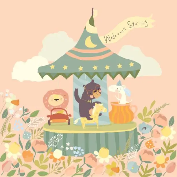 Vector illustration of Cute Cartoon Animals on a Merry go Round in a Flower Meadow