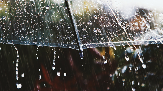 White umbrella floating in mid-air against light blue background with copy space.