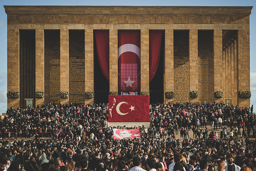 Ankara, Turkey - November 10, 2021: Crowded Turkish people at Anitkabir which is an of Burial tomb of Mustafa Kemal Ataturk the of Turkish Republic. Day on 10 november the death anniversary of him and the people is there for his memoriam.