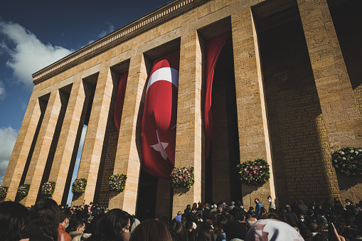 Ankara, Turkey - November 10, 2021: Close up shot of Anitkabir and ceremony of Ataturk Remembrance Day on 10 november. Editorial shot in Ankara.