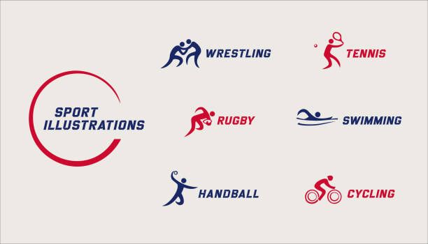 ilustrações de stock, clip art, desenhos animados e ícones de sport logos set. wrestling, tennis, rugby, swimming, handball, cycling vector illustrations - silhouette swimming action adult