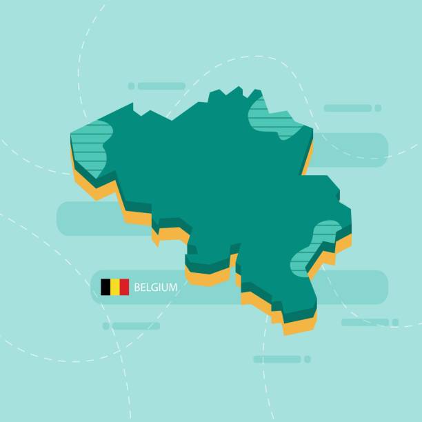 illustrazioni stock, clip art, cartoni animati e icone di tendenza di mappa vettoriale 3d del belgio con nome e bandiera del paese su sfondo verde chiaro e trattino. - belgium map flag three dimensional shape