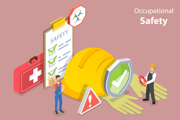 ilustraciones, imágenes clip art, dibujos animados e iconos de stock de ilustración conceptual de vector plano isométrico 3d de la seguridad en el trabajo - safety sign protective workwear factory