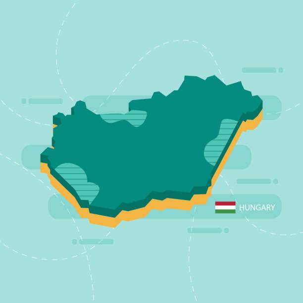 3d-vektorkarte von ungarn mit name und flagge des landes auf hellgrünem hintergrund und bindestrich. - hungary stock-grafiken, -clipart, -cartoons und -symbole