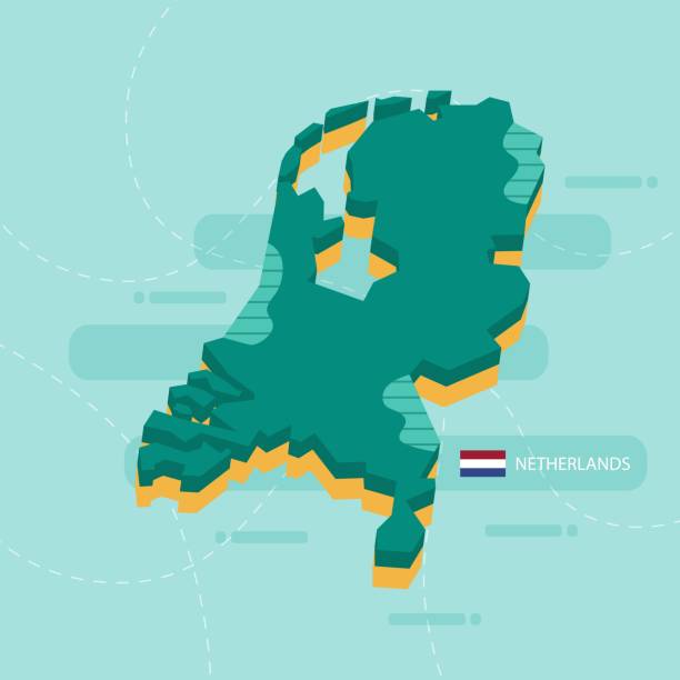 ilustraciones, imágenes clip art, dibujos animados e iconos de stock de mapa vectorial 3d de los países bajos con nombre y bandera del país sobre fondo verde claro y guión. - netherlands