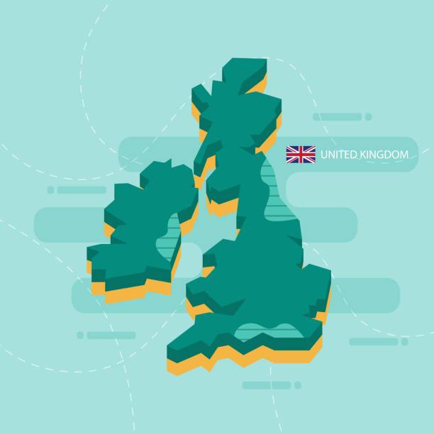 3d vector map of UK with name and flag of country on light green background and dash. 3d vector map of UK with name and flag of country on light green background and dash. 3d uk map stock illustrations