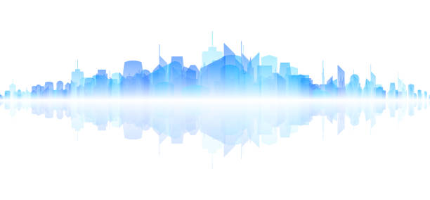 istock Winter blue cityscape of skyscrapers in ice fog with reflection 1380069107