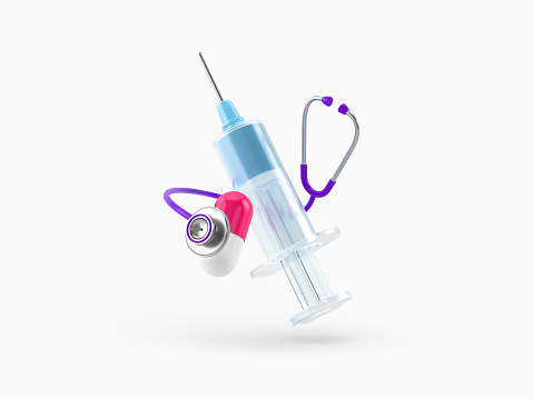 Icon blue syringe, phonendoscope and pills. White isolated background. Medical metaphor, revealing the concept of health care and medication. 3d render