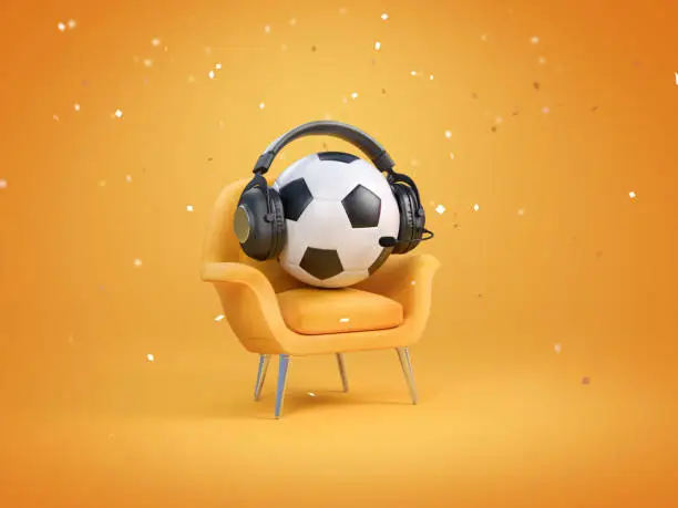 A soccer ball with headphones sitting in a yellow chair on yellow background. Sport metaphor, revealing the concept of victory and the start of the season. 3d render