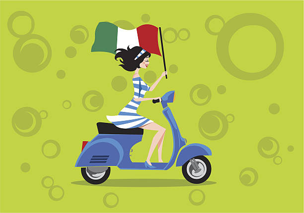 ilustraciones, imágenes clip art, dibujos animados e iconos de stock de vespa piaggio scooter wirh chica italiano - piaggio