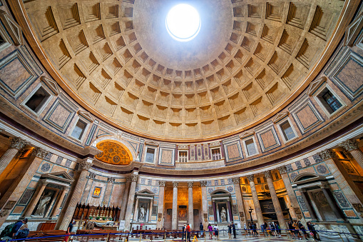 Rome, Italy - August 31, 2020: The Pantheon interior with dome and oculus, ancient Roman temple from 113–125 AD, world famous city landmark.