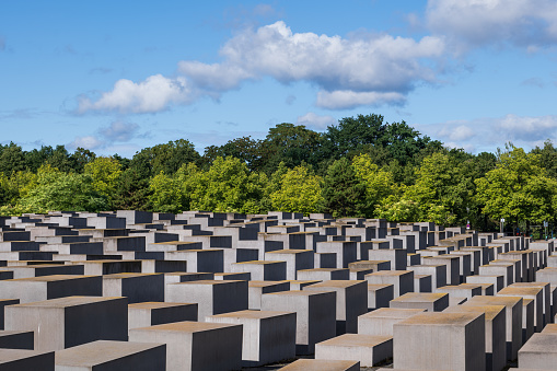Berlin, Germany - August 8, 2021: Memorial to the Murdered Jews of Europe or Holocaust Memorial, city landmark.