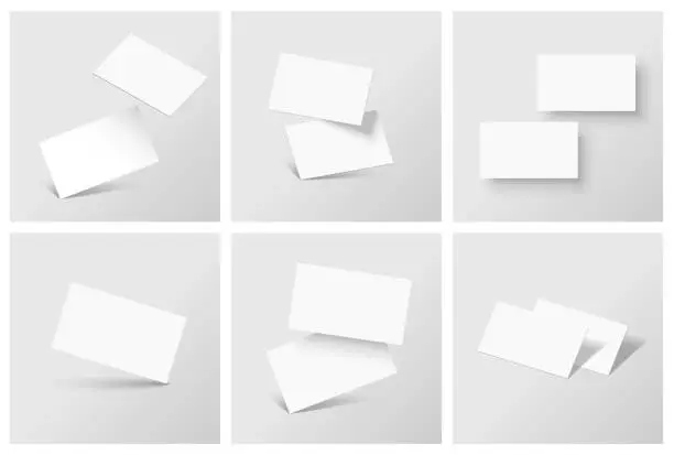 Modello realistico di carte di branding aziendali fluttuanti con ombre. Illustrazione vettoriale Modello realistico di carte di branding aziendali fluttuanti con ombre. Illustrazione vettoriale