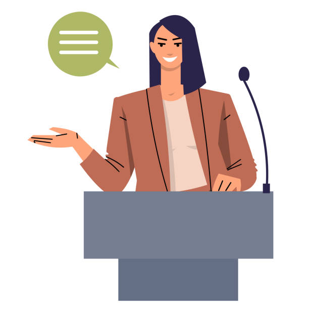 Young woman in a suit behind the podium during a speech. Smiling female leader in public speaking. Businesswoman presentation. Young woman in a suit behind the podium during a speech. Smiling female leader in public speaking. Businesswoman presentation. Flat vector isolated on a white background. speaker illustrations stock illustrations
