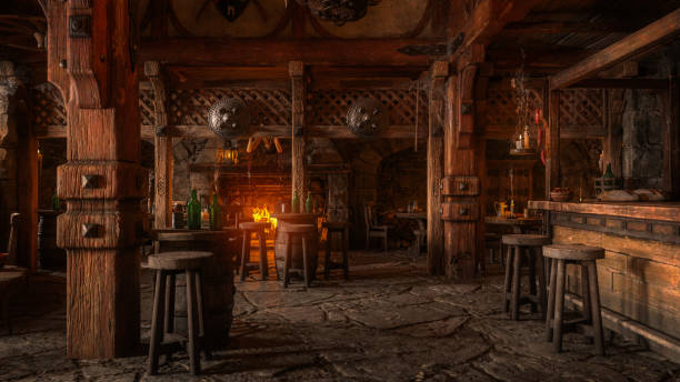 istock Moody medieval tavern inn bar interior lit by daylight through a window with shield decorations and burning fire in the background. 3D illustration. 1380165801