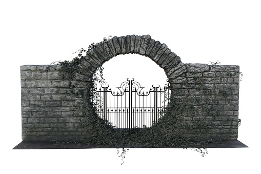 Black iron gate in a circular stone archway overgrown with ivy. 3D illustration isolated on white.