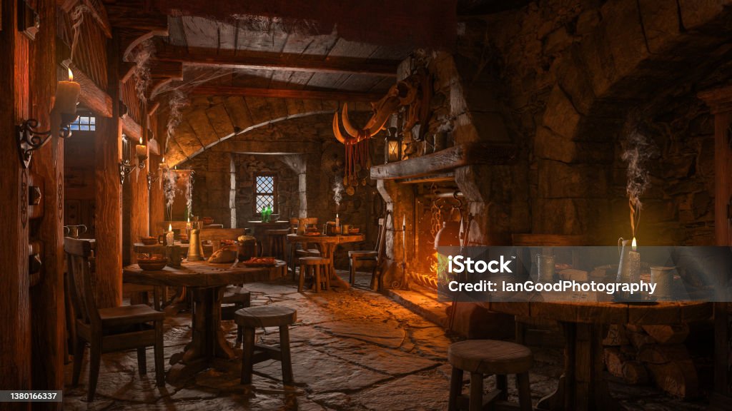 Dark moody medieval tavern inn interior with food and drink on tables, burning open fireplace, candles and daylight through a window. 3D illustration. Dark moody medieval tavern inn interior with food and drink on tables, burning open fireplace, candles and daylight through a window. 3D rendering. Pub Stock Photo