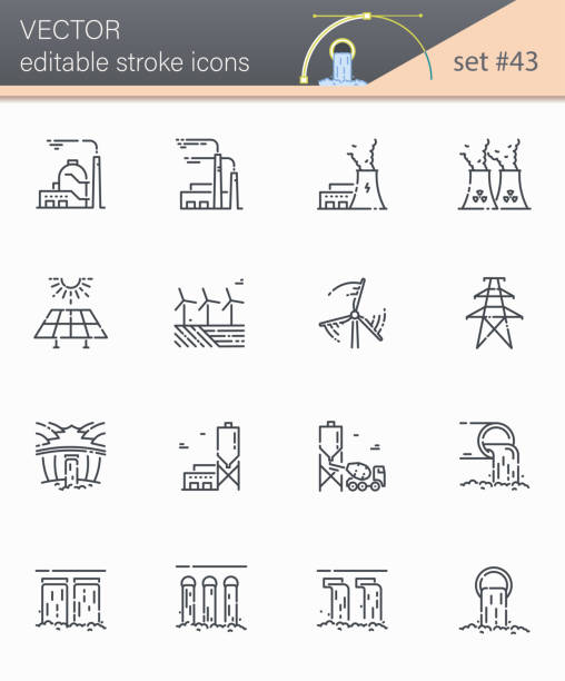 Vector editable stroke power supply and electricity line icon set isolated on transparent background. Vector editable stroke power supply and electricity line icon set isolated on transparent background. Alternative energy generation symbols mixing cement stock illustrations