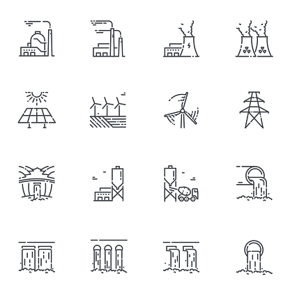 Vector power supply and electricity line icon set isolated on transparent background. Alternative energy generation symbols