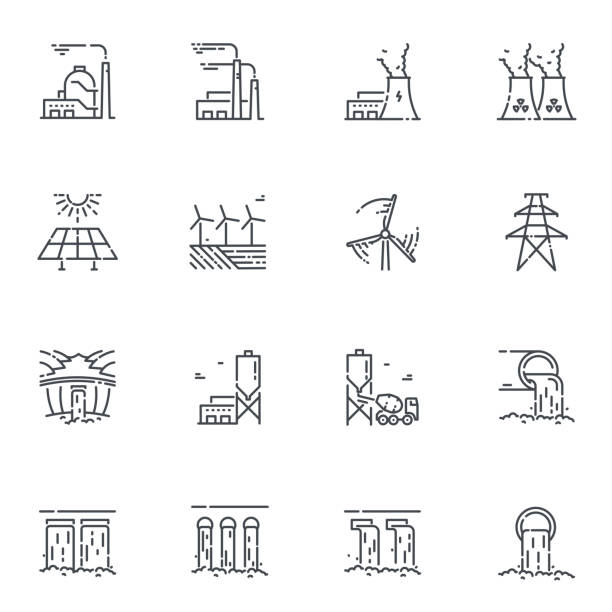 Vector power supply and electricity line icon set isolated on transparent background. Vector power supply and electricity line icon set isolated on transparent background. Alternative energy generation symbols cement factory stock illustrations