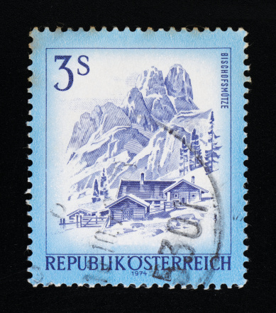 Austria Postage Stamp on black background. Studio Shot. 1974.