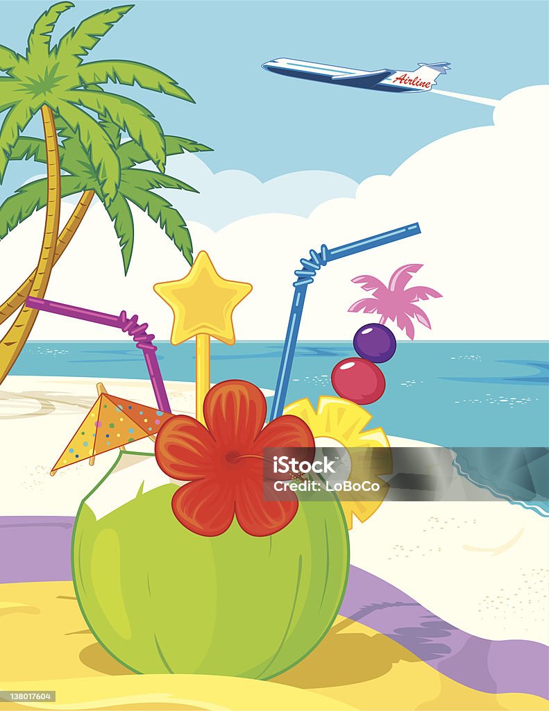Delight Tropical Coconut Cocktail Tropical coconut cocktail on a beach towel, with sea, sky, coconut tree and a plane as background. Alcohol - Drink stock vector
