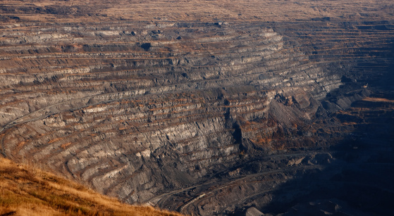 Largest in the world open-pit coal mine in Chelyabinsk region, Russia. More than 500 meters deep.