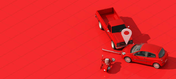 Marks where pickup trucks collide with sedans and motorcycles. Damage, waiting for insurance, car insurance concept on red background isolate 3d rendering isometric Marks where pickup trucks collide with sedans and motorcycles. Damage, waiting for insurance, car insurance concept on red background isolate 3d rendering isometric car transporter stock pictures, royalty-free photos & images