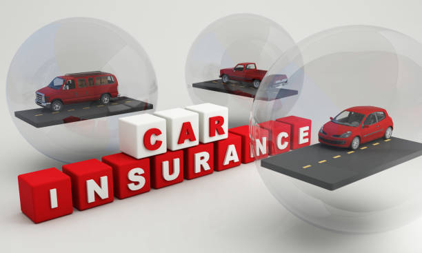 車の保護と安全保証のコンセプト、球ガラスバブルガードの近代的な赤い自動車セダントラックバン、および白い背景に分離された保険テキストフォント、3dイラストレンダリング - sedan car isolated white ストックフォトと画像