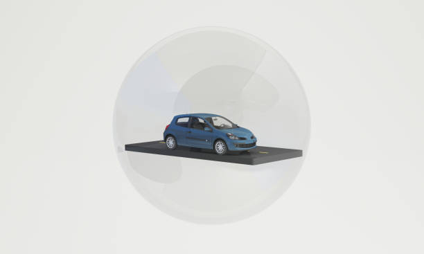 концепция защиты автомобиля и обеспечения безопасности, современный синий ав�томобильный седан в сфере стеклянной пузырьковой защиты, изо� - sphere glass bubble three dimensional shape стоковые фото и изображения